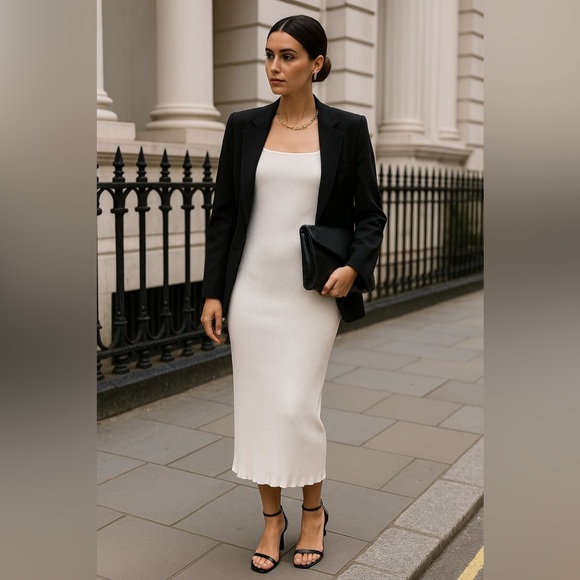 Zara Beige Ribbed Knit Midi Dress Small – Square Neck Crisscross Back - Picture 1 of 12